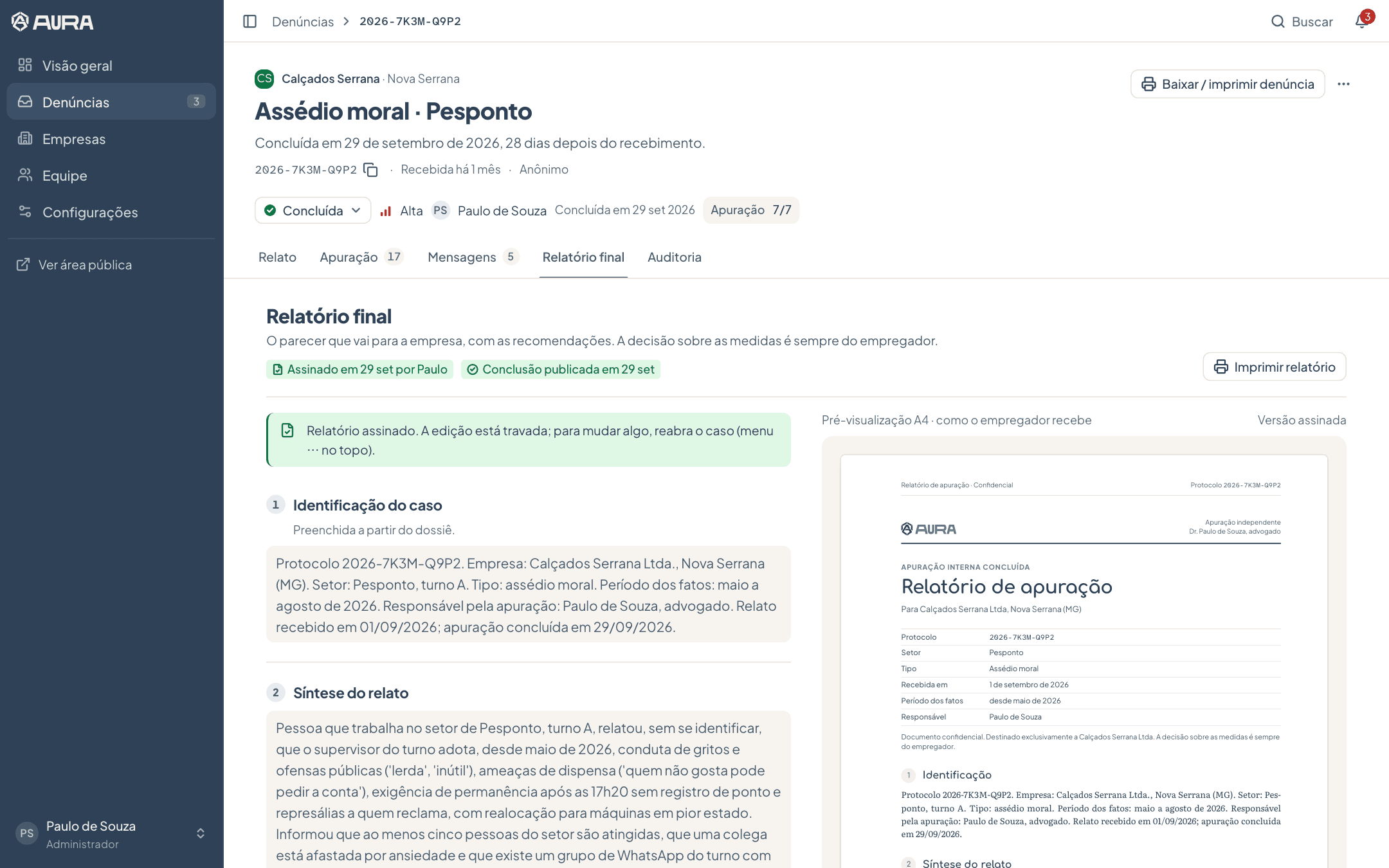 Relatório final de uma apuração no painel
